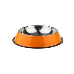 orange iron bowl for dogs and cats. photo on a white background. for advertising and banners