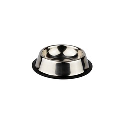 silver iron bowl for dogs and cats. photo on a white background. for advertising and banners