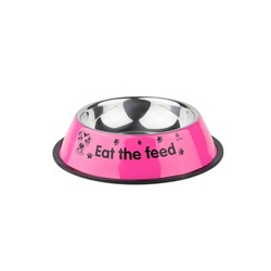 pink iron bowl for dogs and cats. photo on a white background. for advertising and banners