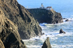 Point Bonita Lighthouse in Marin Headlands as seen from Battery Mendell Trail. Point Bonita, Marin County, California, USA.