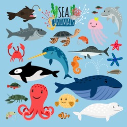 Sea Animals. Vector underwater animal creatures and fish in the sea, swordfish and langoustine, ocean beach turtle and starfish isolated on blue background