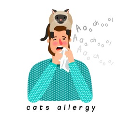 Cat allergy. Allergic person with cat on head, ill man with pets animals reaction vector illustration