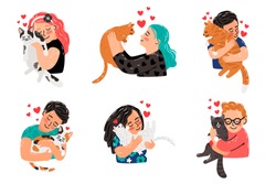 Cat pet owner characters. Owners hugging cats, girls and boys petting cats animals, young persons with pets embraces portraits vector illustration
