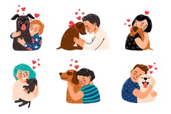 Kids petting dogs. Children hugging dog pets vector illustration, happy girls and smiling boys with puppies image, domestic licking animals and playing owners best friends