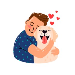 Boy hug dog. Young man hugging puppy with love, cozy relaxing friendship of man and pet, sketch with red hearts isolated on white background, vector illustration
