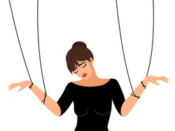 Woman manipulating. Girl toxic relationship manipulation or work abuse controlling, female partner employee manipulator, women marionette puppet concept vector illustration