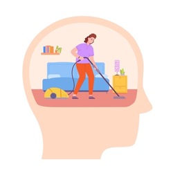 Mind cleaning. Woman cleansing space inside head, mental health clear consciousness in room of brain, clutter think inner human intellect detoxing care thinking vector illustration. Inner head mind