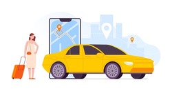 Cabs service application. Woman waiting taxi car route in airport location, mobile app service online city cab travel delivery transport auto traffic, vector illustration of taxi cab transport