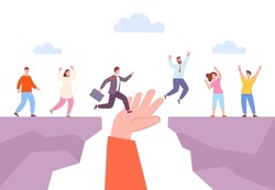 Leader hand helping supporters. Partnership support concept, mentor business trainer help, giant hands supporting bridge at abyss, successful employee teamwork vector illustration of partnership