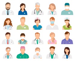 Professional doctor avatars isolated on white background. Medicine professionals and medical staff people icons vector illustration