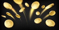 Golden coins explosion. Realistic dollar coins