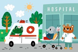 Patient in ambulance. Elephant on medical gurney. Creature loading into car. Bear doctor in uniform. Cartoon animal characters. Treatment in hospital. Medicine and health