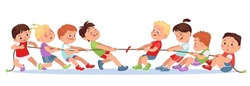Kids pulling rope. Children teams playing tug of war. Groups sport game competition. Powerful challenge. Friends rivalry. Happy boys and girls fun battle. Strength