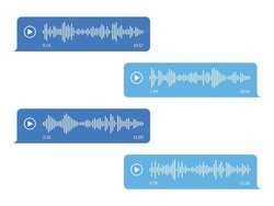 Audio chat. Sound record line. Mobile message application interface elements. Soundtrack waveform spectrum. Play icons. Soundwave frequency. Vector messenger voicemail UI
