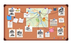 Detective board. Investigating, evidence and clues. Crime detectives working information, photos and map on police desk. Criminal wall decent vector concept