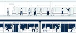 People in subway. Commuter train station, inside underground. Woman man transportation in metro, business person in public transport recent vector scenes