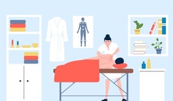 Massage concept. Back treatment and muscles relax. Doctor and patient on couch, spa wellness salon. Medical rehabilitation therapy recent vector scene