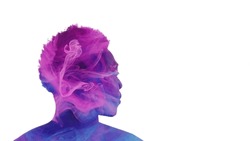 Aura energy. Inner harmony. Spiritual contemplation. Double exposure profile silhouette of man face with purple blue pink color smoke isolated on white copy space.