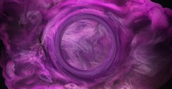 Ink water splash. Vapor cloud motion round portal. Logo reveal effect. Purple white color dye flow on dark black abstract art background shot on Red Cinema camera 6k.