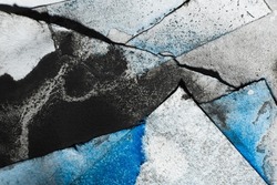 Distressed paper. Grimy texture background. Aged piece layers. Black blue paint stains on white rough frayed edge grunge art abstract surface with free space.