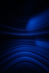 Futuristic glow background. Blur neon light. Cyber flare. Defocused fluorescent navy blue color curve lines reflection on dark black abstract copy space texture.