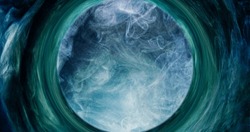Mist swirl. Glitter smoke. Occult wheel. Shiny blue green color steam cloud in circle frame vortex abstract background with free space.