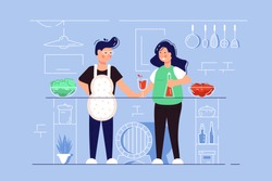 Developing small business vector illustration. Cartoon man and woman standing at workplace flat style concept. Kitchen cafe interior with kitchenware and foodstuffs. Support local biz