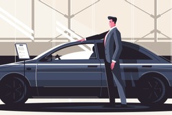 New car sale center vector illustration. Man standing near modern fashionable vehicle. Boy estimating price and quality of auto. Seller at the automobile showroom shows new machine flat style concept