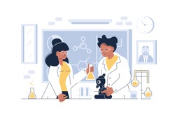 Doctors in glasses working at laboratory vector illustration. Scientists doing research and experiments at medical lab with special equipment flat style concept
