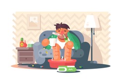 Young man catching cold vector illustration. Cartoon ill boy sitting on sofa drinking hot tea and measuring temperature flat style design. Health care concept