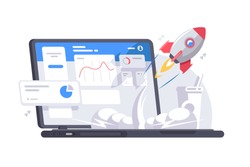 Successful start-up launch vector illustration. Space rocket flies up from laptop with graphs charts and diagram on screen flat style design. New business project concept