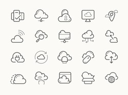 Cloud service server hosting line stroke vector icons.