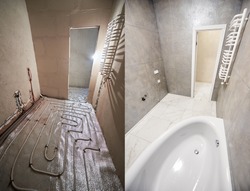 Collage of modern bathroom with marble floor before and after renovation. Comparison of old restroom with underfloor heating pipes and new washroom with heated towel rail and while bathtub.
