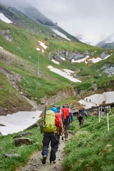 Back view of travelers with backpacks and trekking sticks walking down the road in upland valley. Group of people heading to mountain peak. Concept of traveling, hiking and mountaineering.