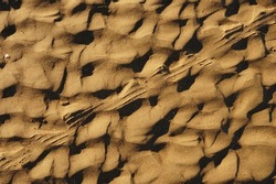 Sand, close-up of sand on the beach with the trace of a wheel. The rising tide will dissolve this natural painting in its water.