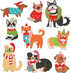 Cute Christmas Dog Vector Graphics set