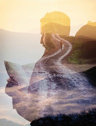 Double exposure with bearded traveler, road and mountain. Metaphor of travel.