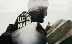 Double exposure mountain landscape with bearded travele, road and lettering. Metaphor of travel.
