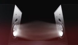 Two sound speakers with funny faces and sound waves on black background.