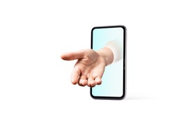 A human's hand reaches out from a smartphone. The concept of support, counseling, helpline. Modern technologies. Isolated on white.