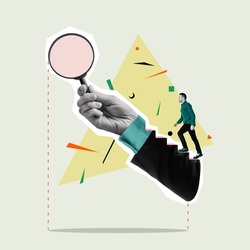 The man steps towards the hand with the magnifying glass. Art collage.