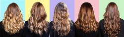 collage with many hairstyles of women with long curly and straight hair, styles with bright highlights and balayage hairstyle