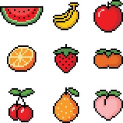 Collection of colorful Pixel icons of  fruits vector illustration.