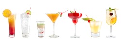 Set of a variety of cocktails decorated with berries on a white background. Isolated. Banner.