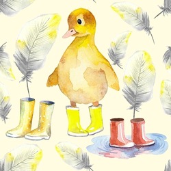 Little yellow ducklings. Around them are puddles after the rain and small yellow feathers. Hand drawn watercolor illustration.