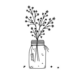 Flowers in a jar vase. Simple doodle style for postcards, notebooks, stickers, design. Black and white hand drawn vectot illustration. Graceful, lovely flowers, a decorative element.