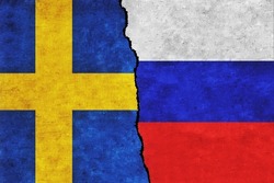 Russia and Sweden painted flags on a wall with a crack. Russia and Sweden conflict. Sweden and Russia flags together
