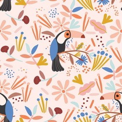 TROPICAL BIRDS IN PLANTS SEAMLESS PATTERN VECTOR
