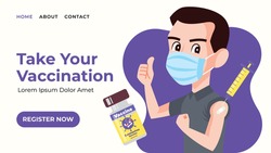 Landing web page template of Vaccination Registration. Modern flat design web banner of male take vaccine injection and showing thumb up. Syringe with needle and vaccine bottle floating around.