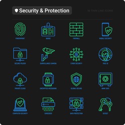 Security and protection thin line icons set: mobile security, fingerprint, firewall, face ID, secure folder, surveillance camera, shredder, bank safe, encrypted messaging. Modern vector illustration.